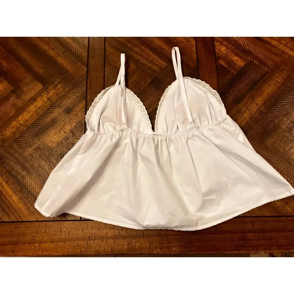 Fallen Rose White Babydoll Lingerie Top Lace Trim Bows Size‎ L
